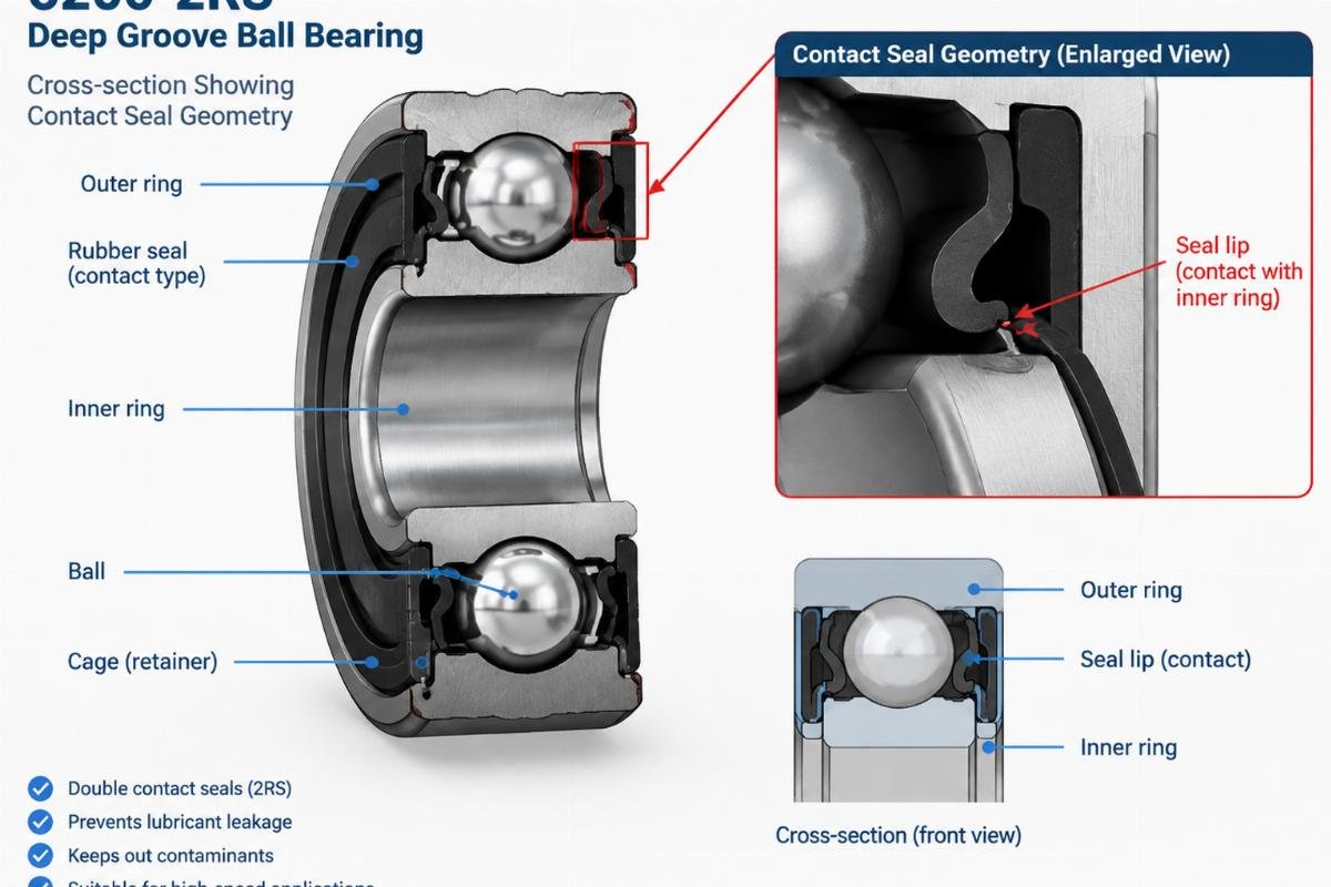 6200-2RS deep groove ball bearing cross-section showing contact seal geometry