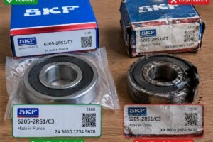 A close-up view of genuine bearing packaging with visible traceability codes next to a damaged counterfeit unit