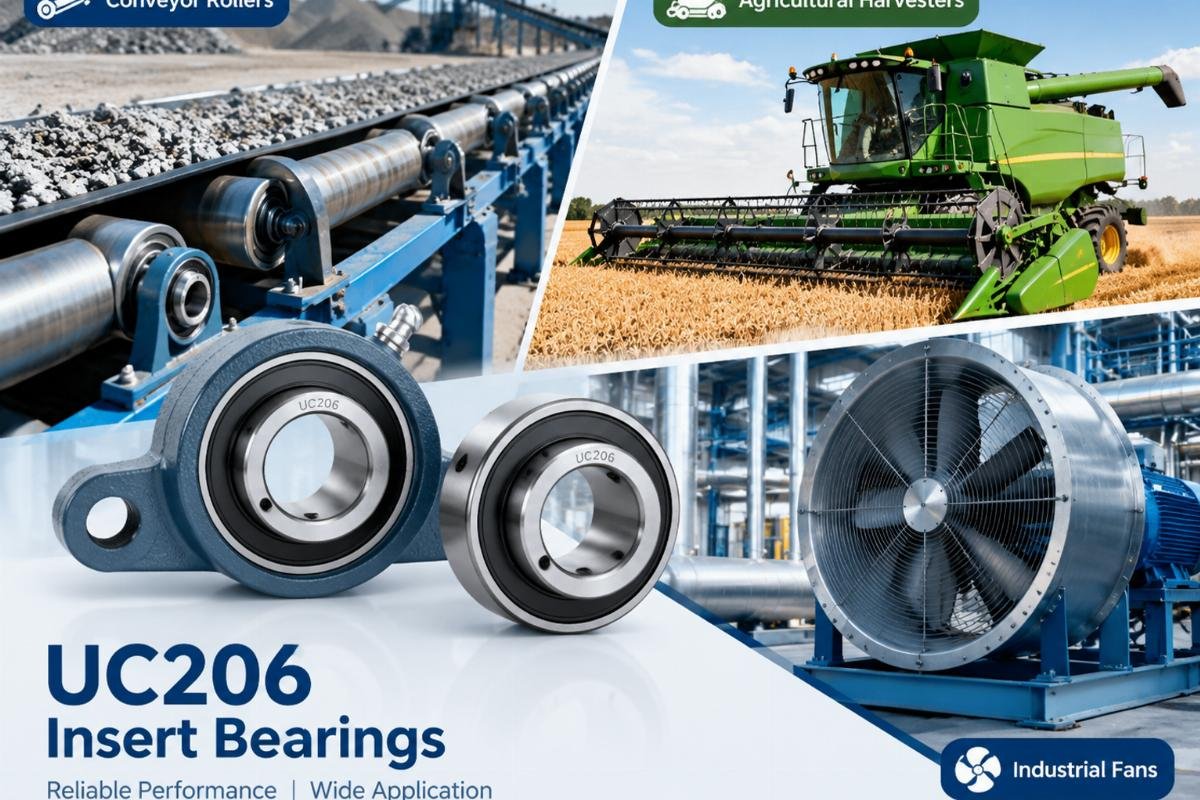 Application collage showing UC206 insert bearings in conveyor rollers, agricultural harvesters, and industrial fans