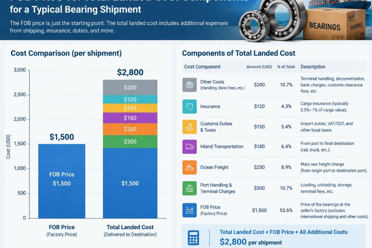 Chart comparing FOB price versus total landed cost components for a typical bearing shipment