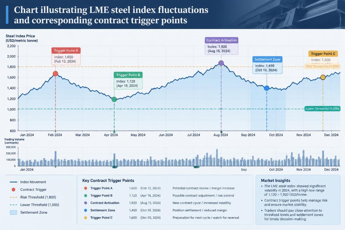 Chart illustrating LME steel index fluctuations and corresponding contract trigger points