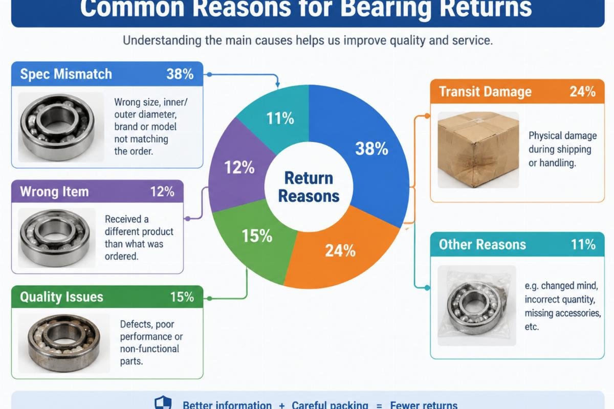 Chart showing common reasons for bearing returns including spec mismatch and transit damage