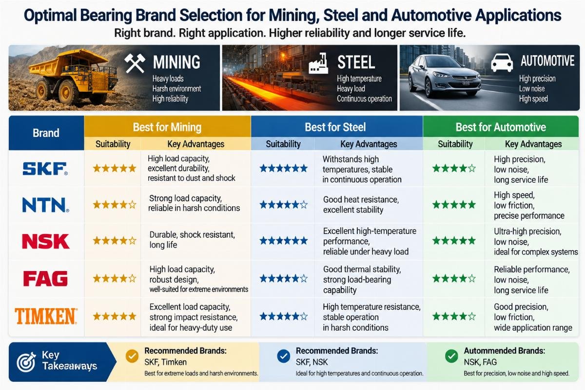 Chart showing optimal bearing brand selection for mining, steel, and automotive applications