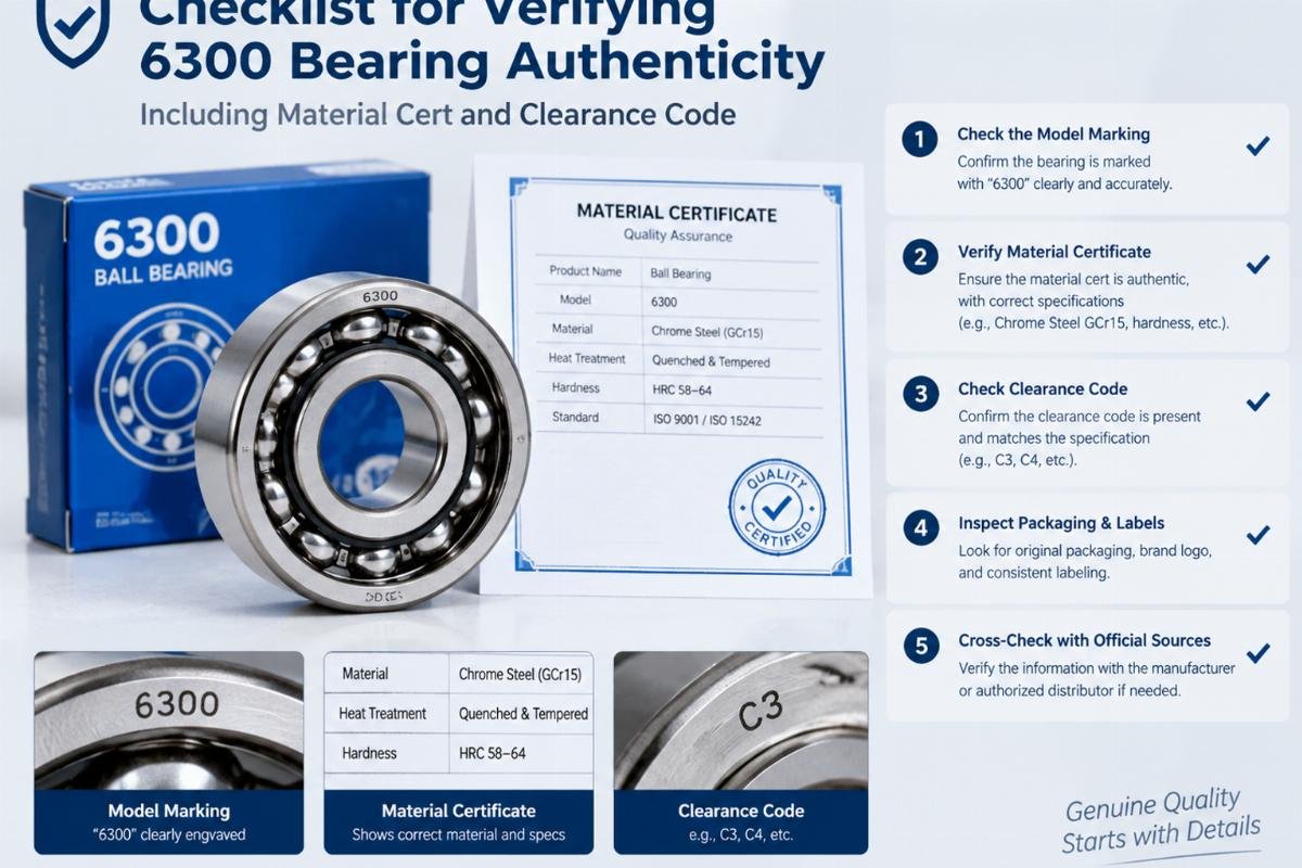 Checklist for verifying 6300 bearing authenticity including material cert and clearance code