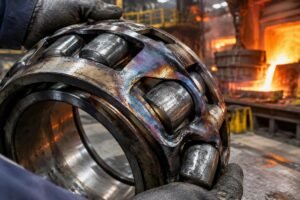 Close-up inspection of a damaged spherical roller bearing cage showing heat-induced deformation in a steel mill environment