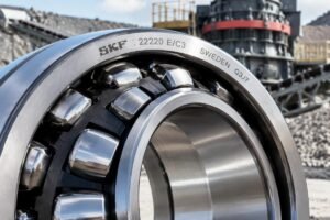 Close-up inspection of a genuine spherical roller bearing showing clear brand laser etching and smooth raceway finish for mining crushers