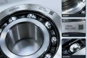 Close-up inspection of a high-precision spindle bearing showing raceway details and anti-counterfeit markings