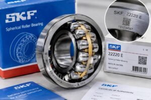 Close-up inspection of a spherical roller bearing showing authentic packaging and traceability codes