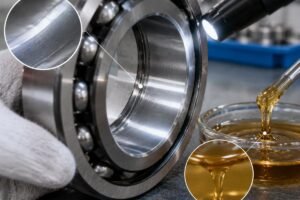 Close-up inspection of bearing raceway surface finish and rust-preventive oil consistency