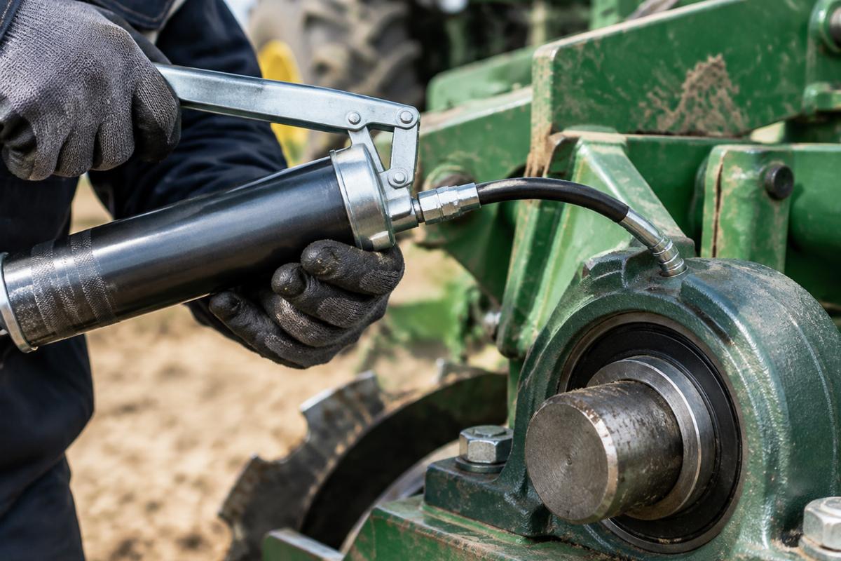 Close-up of a technician applying grease to a agricultural bearing with a calibrated gun