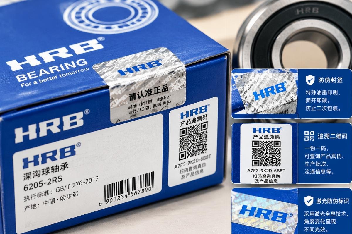 Close-up of HRB bearing packaging showing security features and traceability QR codes