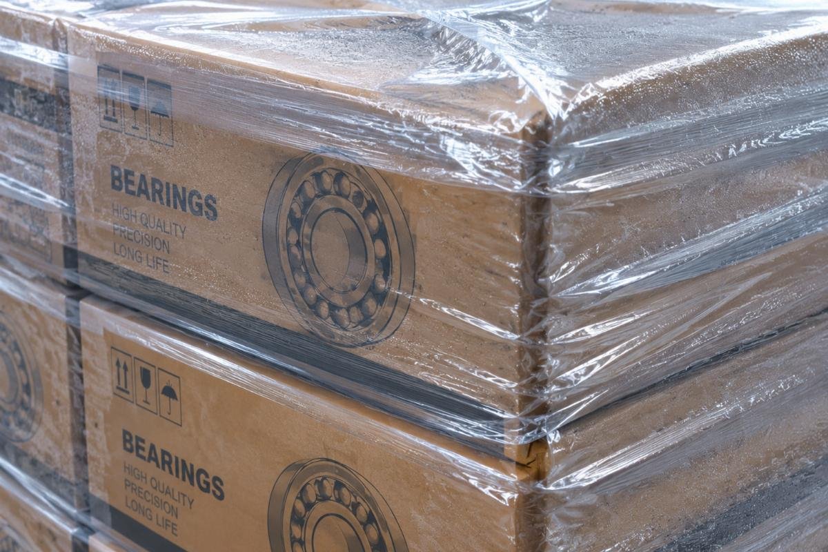 Close-up of multi-layer moisture-proof film wrapping around stacked bearing cartons