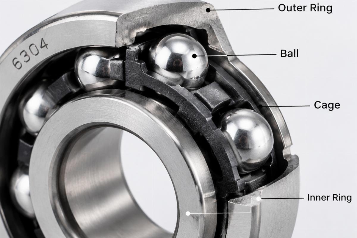 Close-up view of 6304 bearing internal components highlighting ball and cage structure