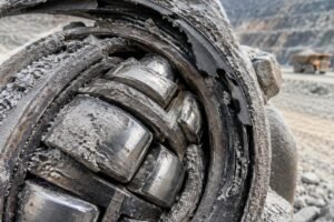 Close-up view of a damaged spherical roller bearing showing dust ingress and seal failure in a quarry application