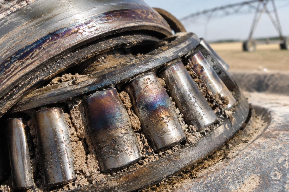 Close-up view of a damaged tapered roller bearing from a center pivot irrigation system showing heat discoloration and sand ingress
