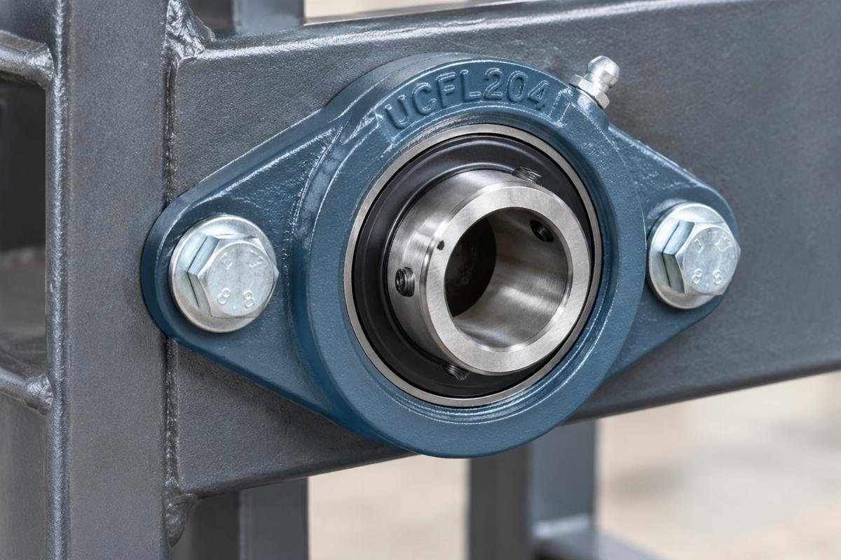 Close-up view of a UCFL204 flange unit mounted on a steel frame showing bolt alignment