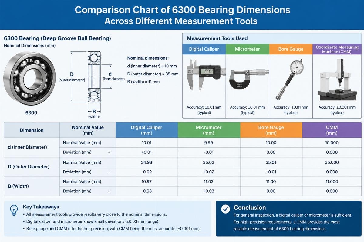 Comparison chart of 6300 bearing dimensions across different measurement tools