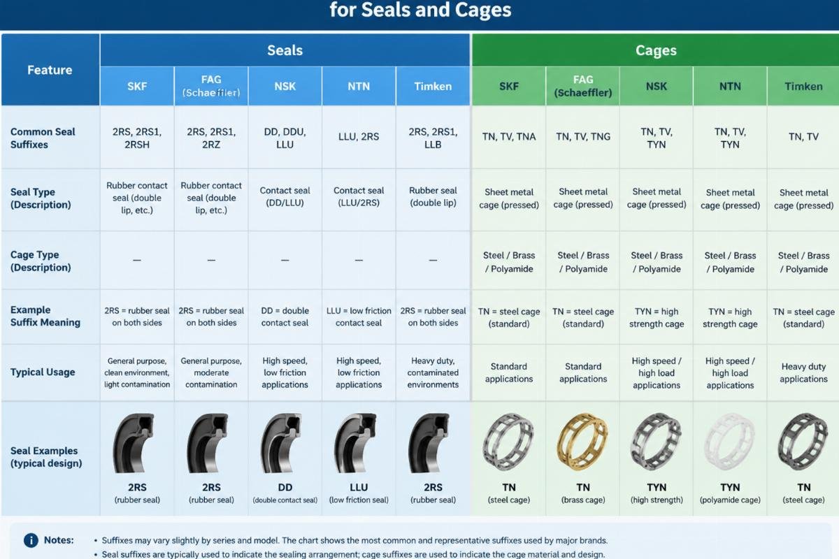 Comparison chart of bearing suffixes across major brands for seals and cages