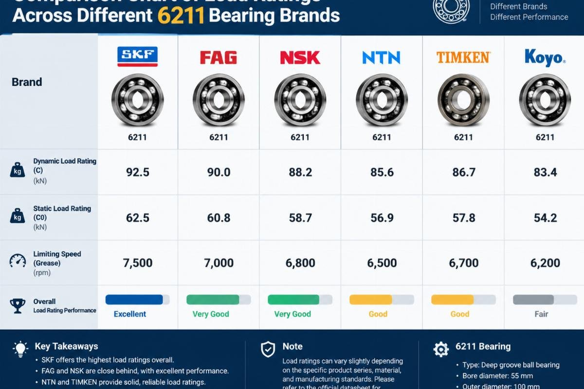 Comparison chart of load ratings across different 6211 bearing brands