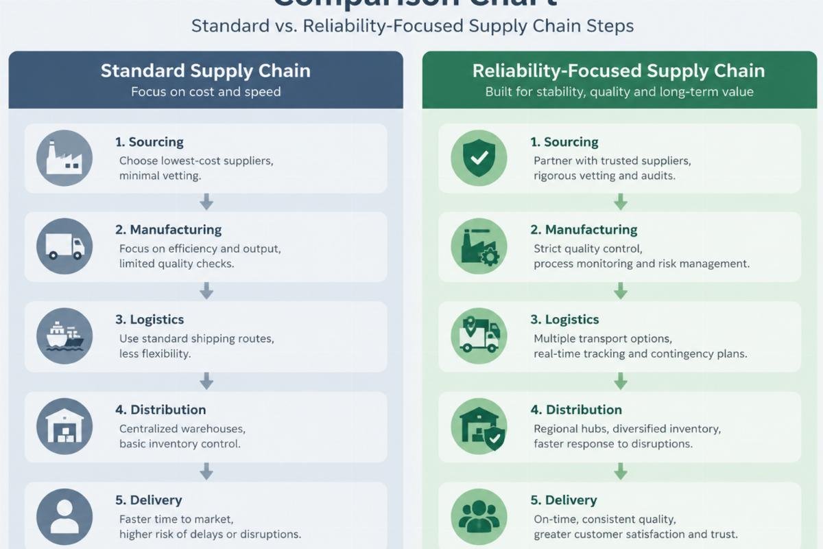 Comparison chart showing standard vs reliability-focused supply chain steps