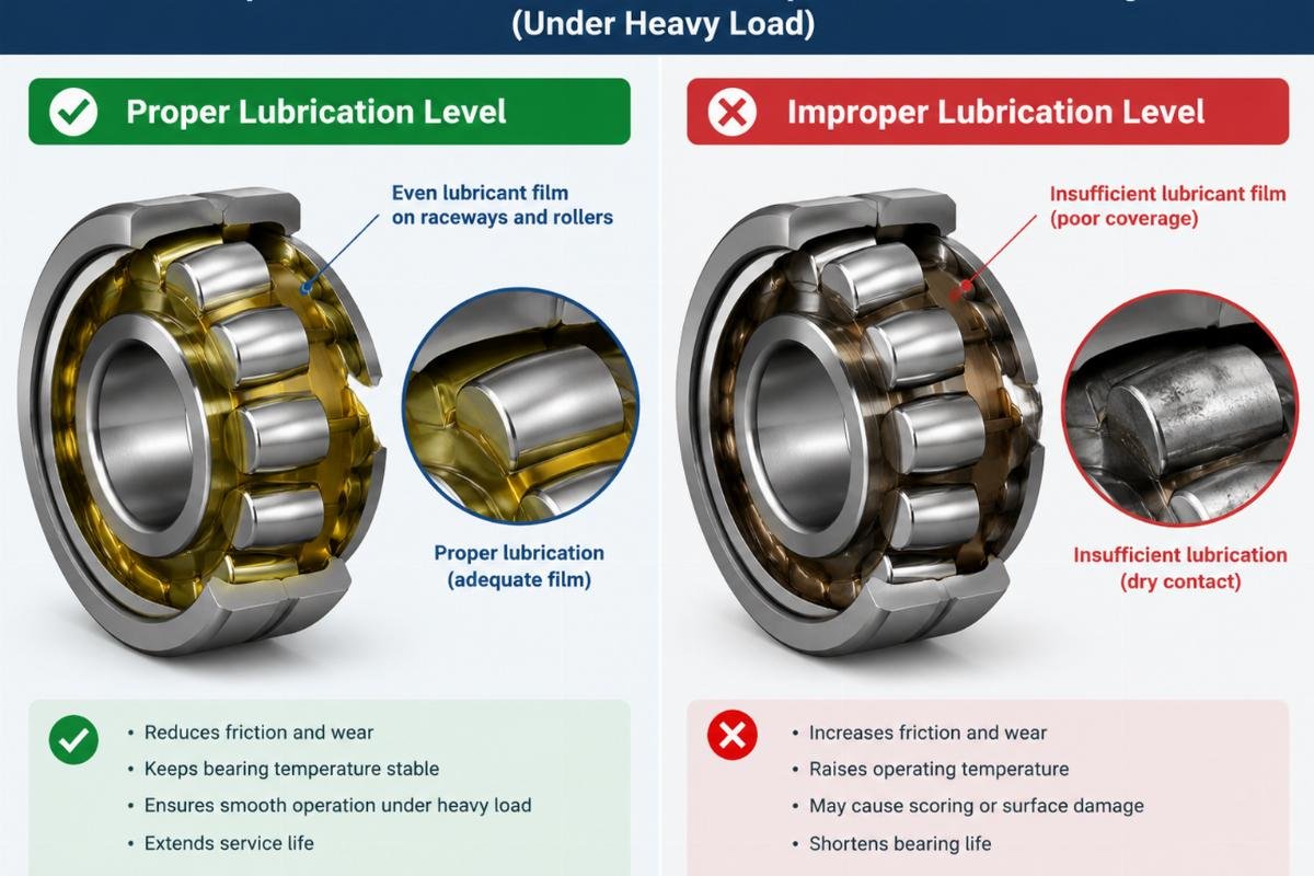 Comparison diagram showing proper vs improper lubrication levels in a spherical roller bearing under heavy load