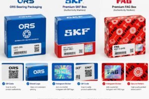 Comparison of ORS bearing packaging versus premium SKF and FAG boxes showing authenticity markers