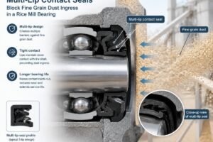 Cross-section diagram showing multi-lip contact seals blocking fine grain dust ingress in a rice mill bearing