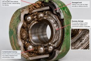 Cross-section of a failed agricultural bearing showing mud ingress and raceway damage