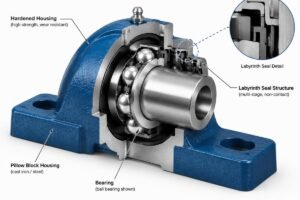 Cross-section view of a genuine pillow block bearing showing labyrinth seal structure and hardened housing