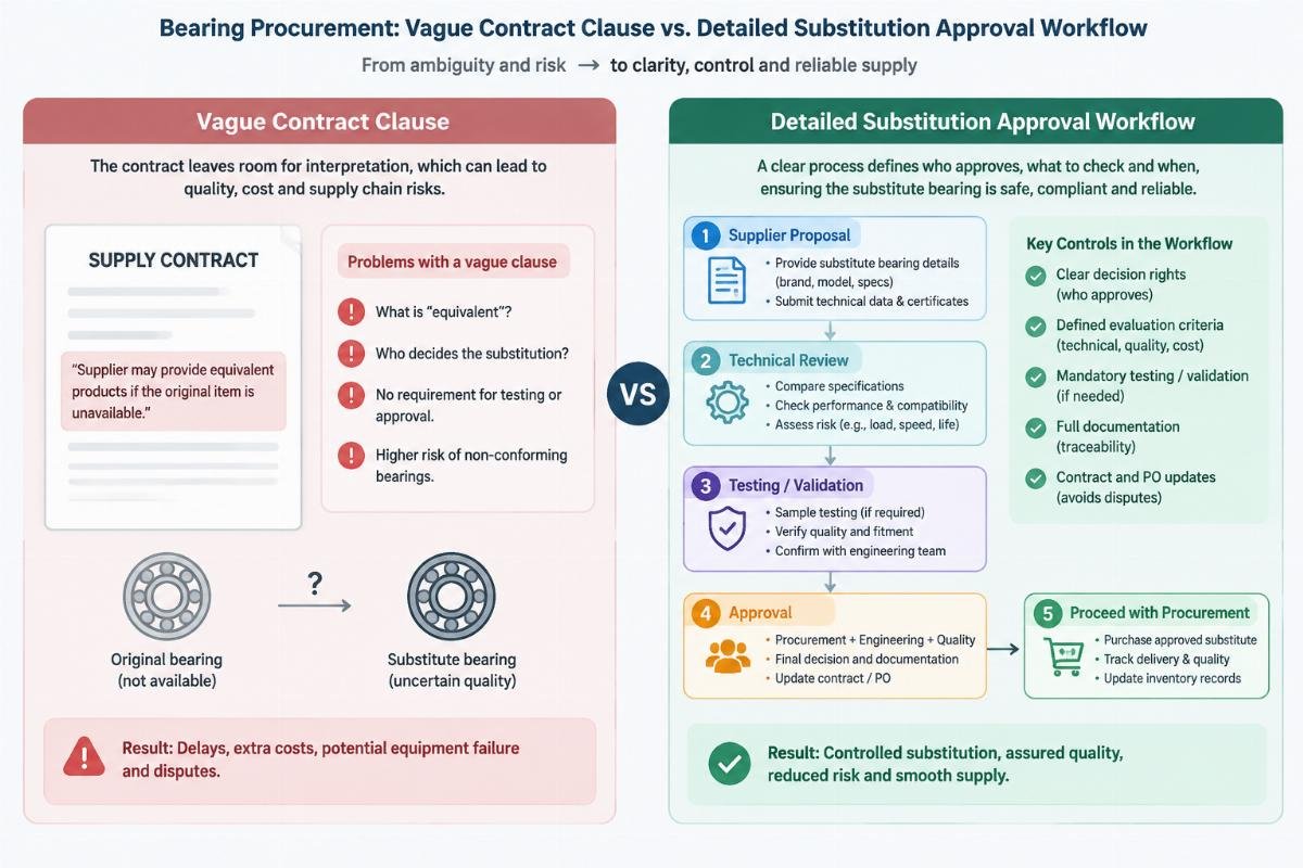 Diagram comparing a vague contract clause versus a detailed substitution approval workflow in bearing procurement