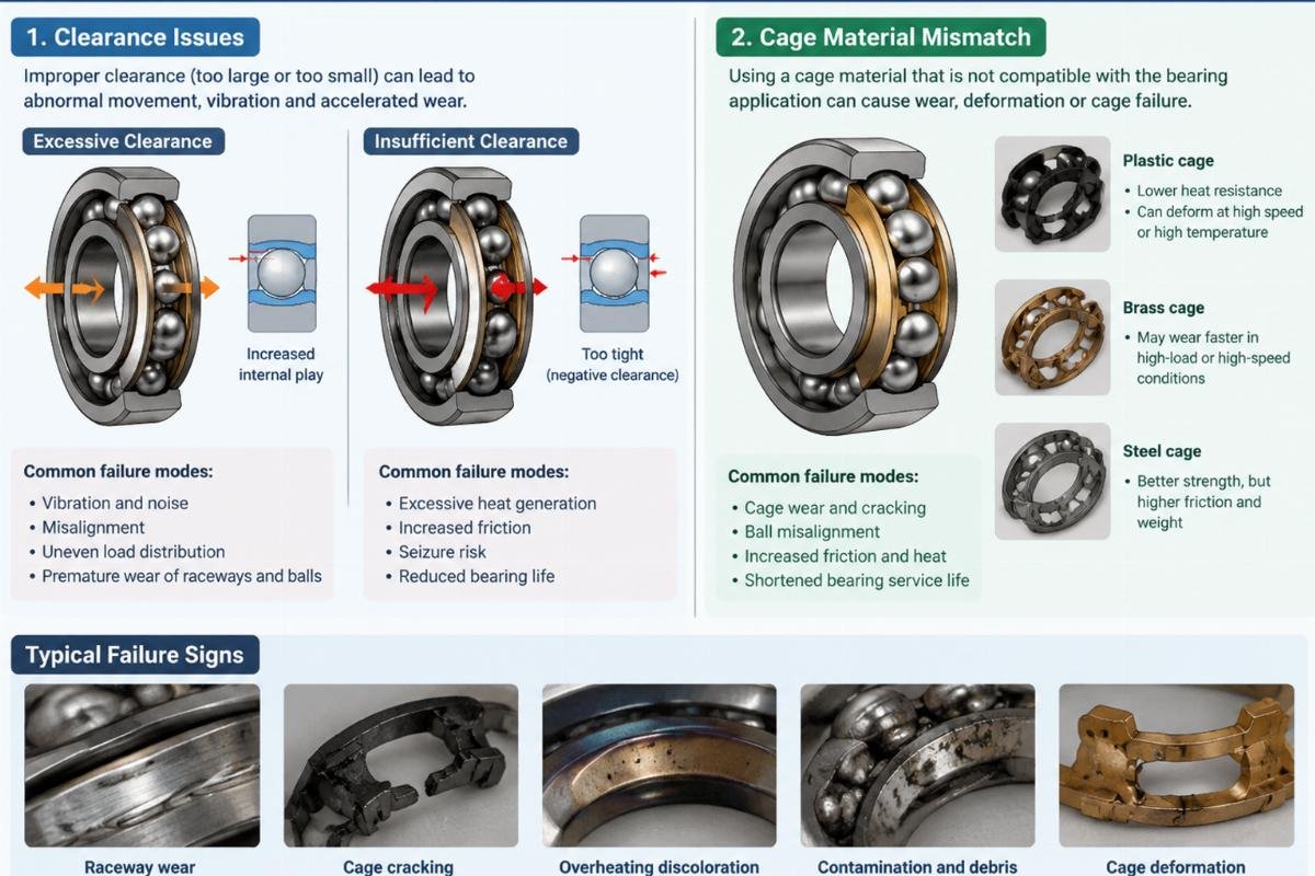 Diagram illustrating bearing failure modes due to clearance and cage material mismatch