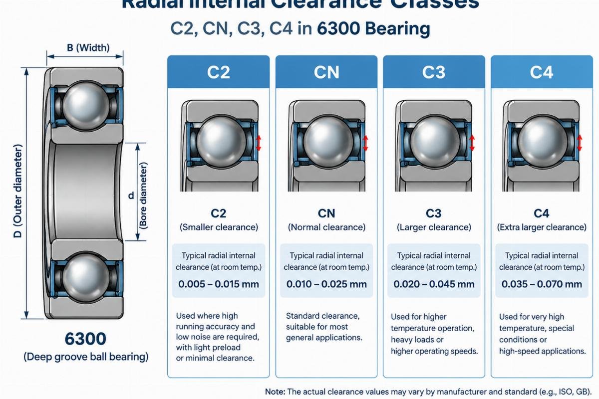 Diagram illustrating radial internal clearance classes C2, CN, C3, C4 in a 6300 bearing cross-section