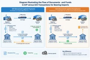 Diagram illustrating the flow of documents and funds in D/P versus D/A transactions for bearing imports