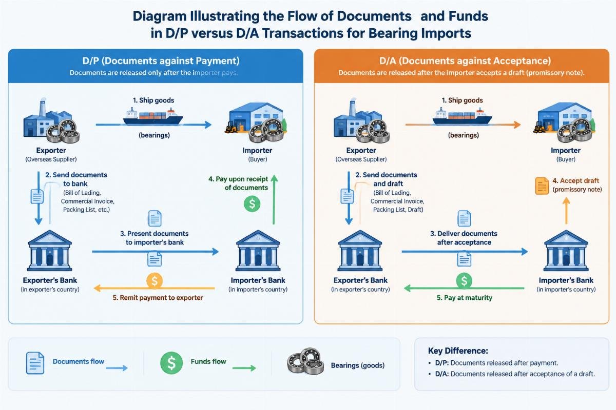 Diagram illustrating the flow of documents and funds in D/P versus D/A transactions for bearing imports