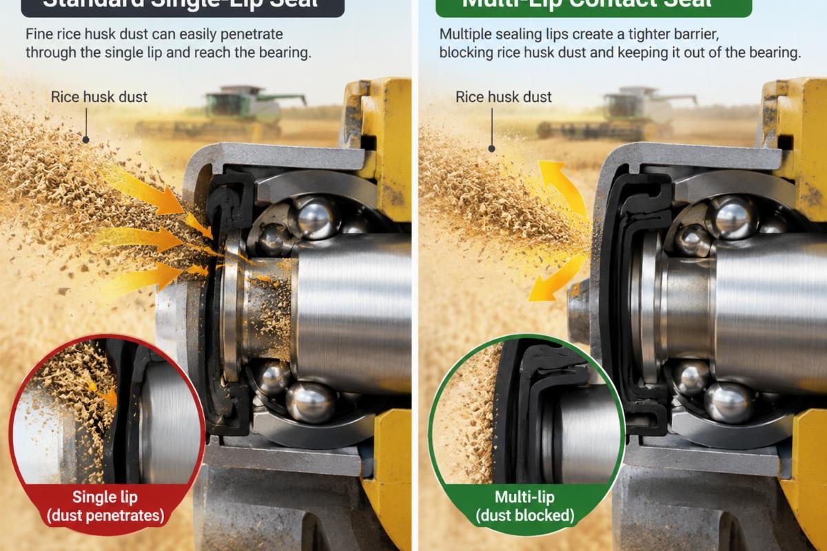 Diagram illustrating the path of fine rice husk dust penetrating a standard single-lip seal versus a multi-lip contact seal on a harvester bearing