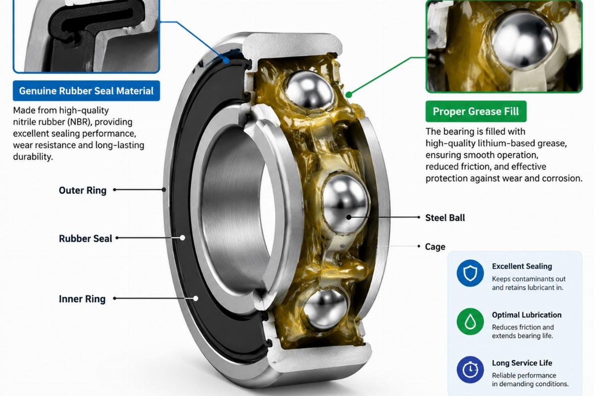 Diagram showing cross-section of a sealed bearing with highlighted genuine rubber seal material and proper grease fill