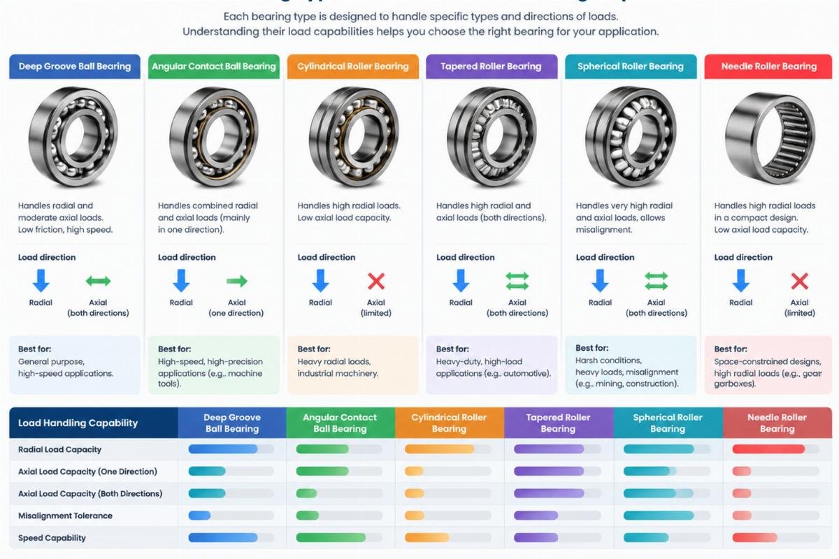 Diagram showing different bearing types and their load handling capabilities