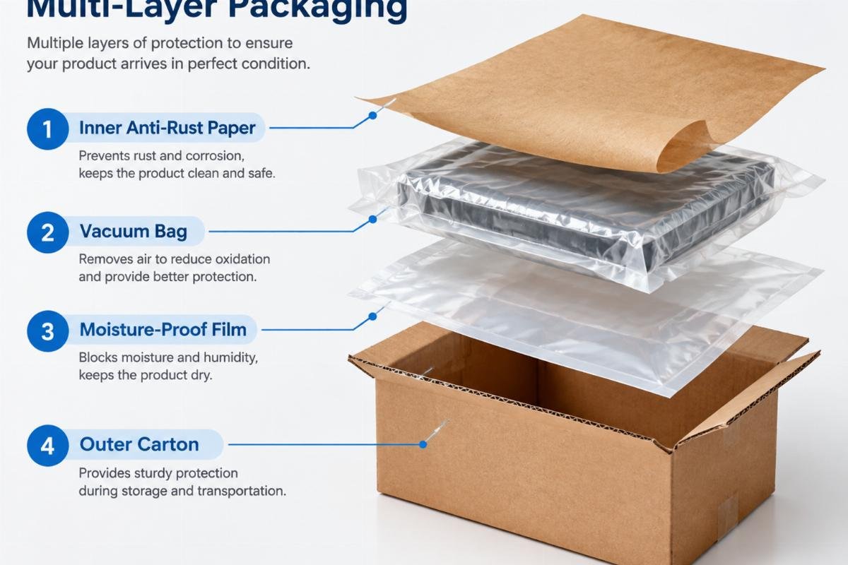 Diagram showing layers of packaging: inner anti-rust paper, vacuum bag, moisture-proof film, and outer carton