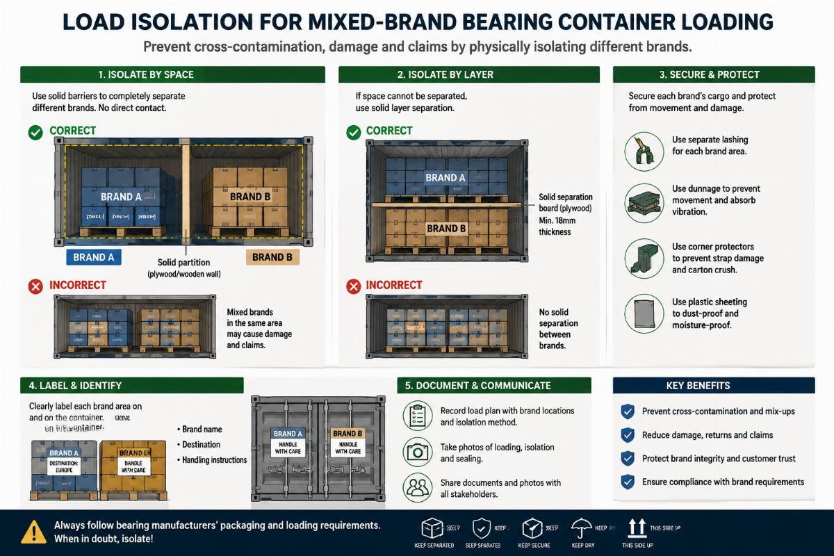 Diagram showing proper load isolation techniques for mixed-brand bearing container loading