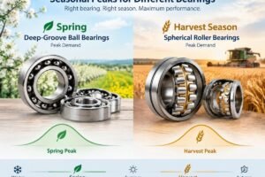Diagram showing seasonal peaks for deep-groove ball bearings in spring and spherical roller bearings in harvest season