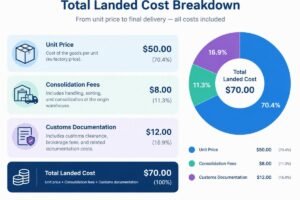 Diagram showing the breakdown of total landed cost including unit price, consolidation fees, and customs documentation