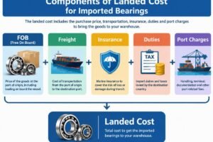 Diagram showing the components of landed cost for imported bearings including FOB, freight, insurance, duties, and port charges