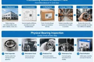 Diagram showing the flow of traceability documentation from manufacturer to end-user alongside physical bearing inspection