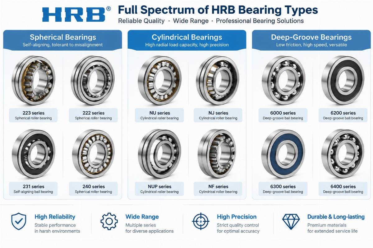 Diagram showing the full spectrum of HRB bearing types including spherical, cylindrical, and deep-groove variants