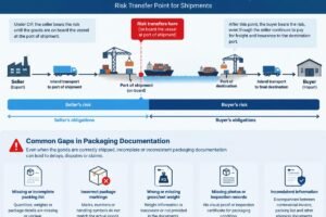 Diagram showing the risk transfer point under Incoterms 2020 for CIF shipments and common gaps in packaging documentation