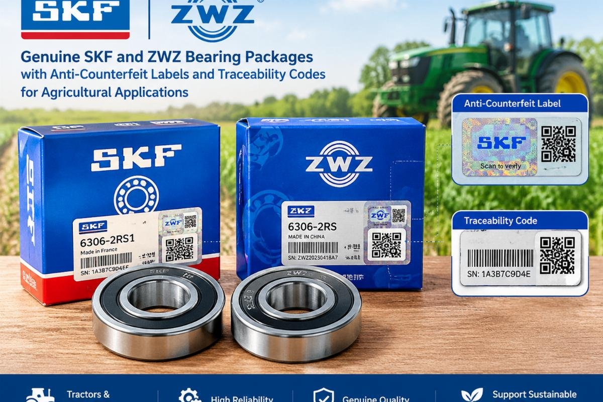Display of genuine SKF and ZWZ bearing packages with anti-counterfeit labels and traceability codes for agricultural applications