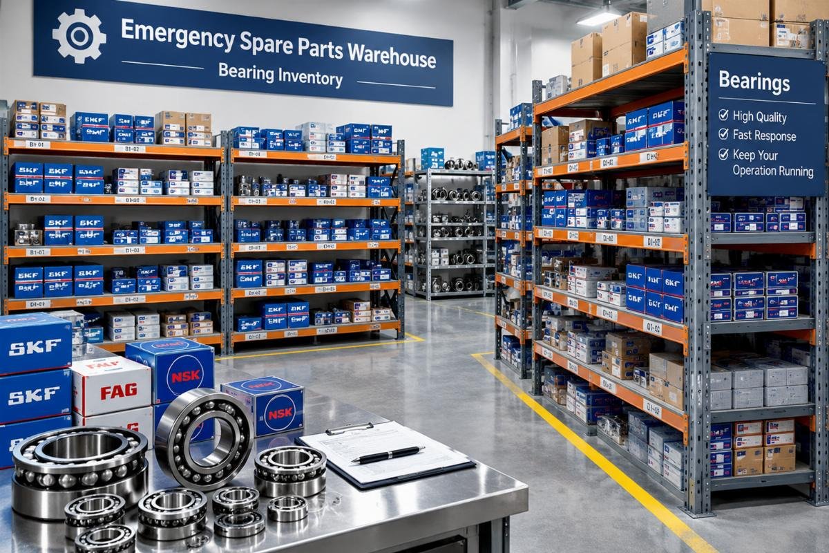 Emergency spare parts warehouse with organized bearing inventory