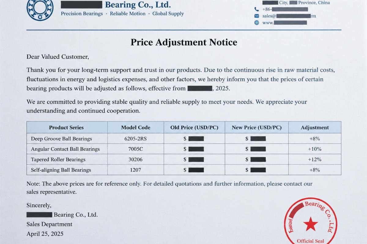 Example of an official bearing manufacturer price adjustment notice with redacted sensitive data