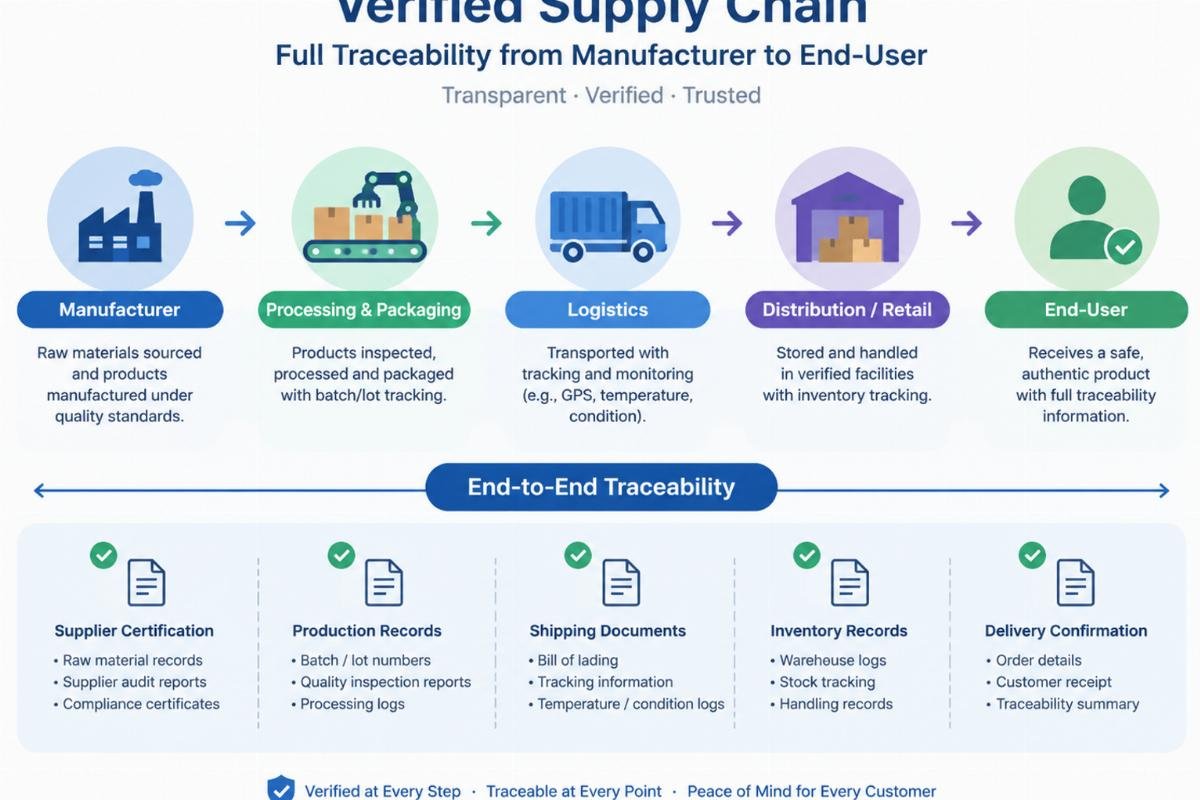 Flowchart of a verified supply chain showing traceability from manufacturer to end-user with documentation checkpoints
