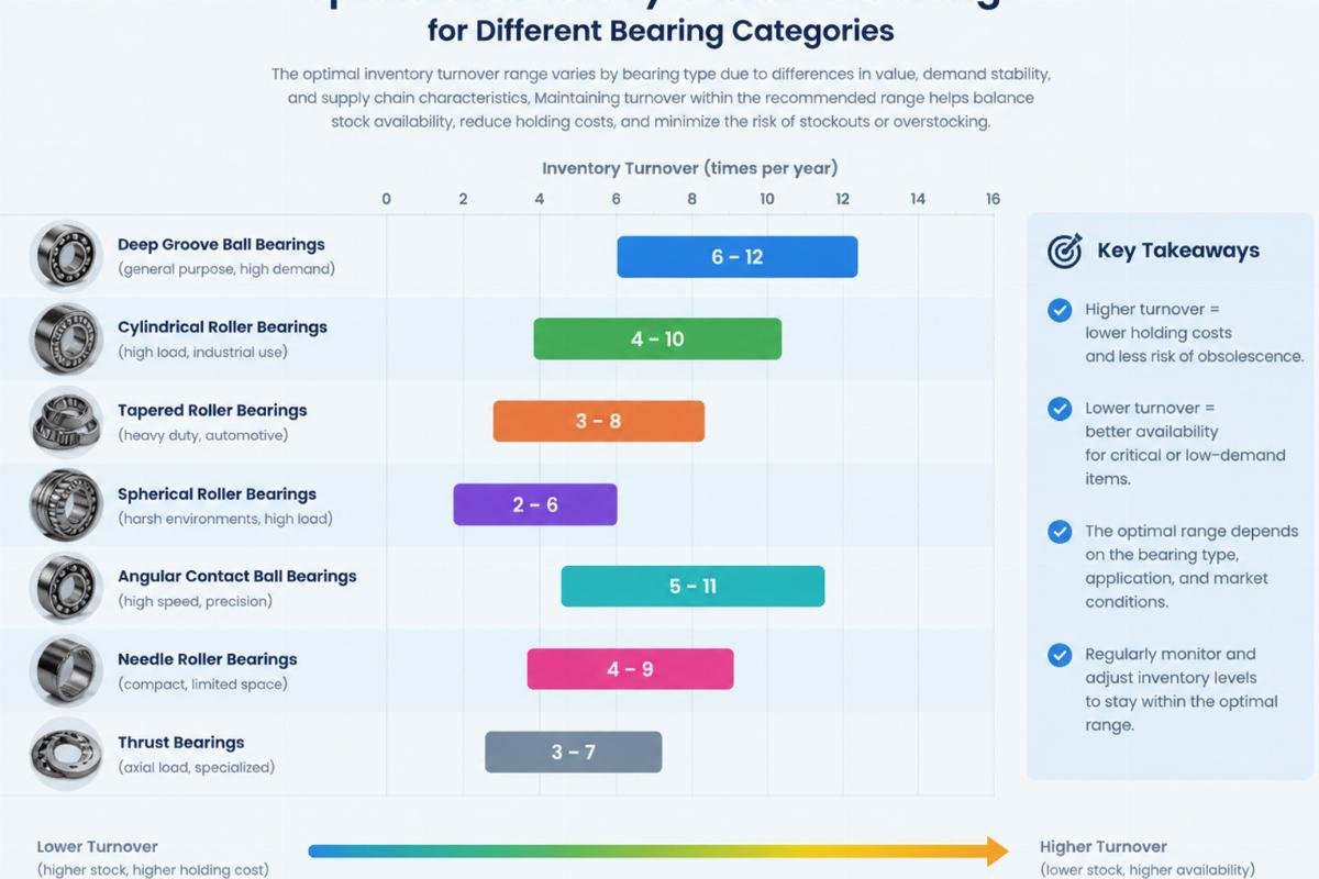 Graph illustrating optimal inventory turnover range for different bearing categories